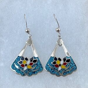 Vintage Taxco TJ-44 Mexico Multicolor Earrings w/ Turquoise & enamel flower